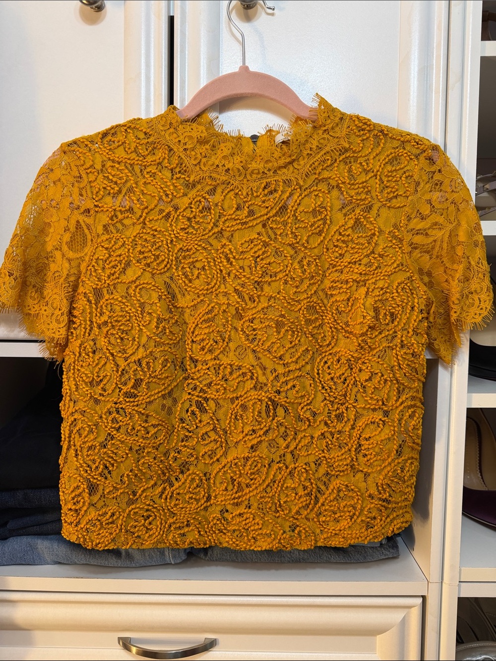Zara Mustard Lace Short-Sleeve Top